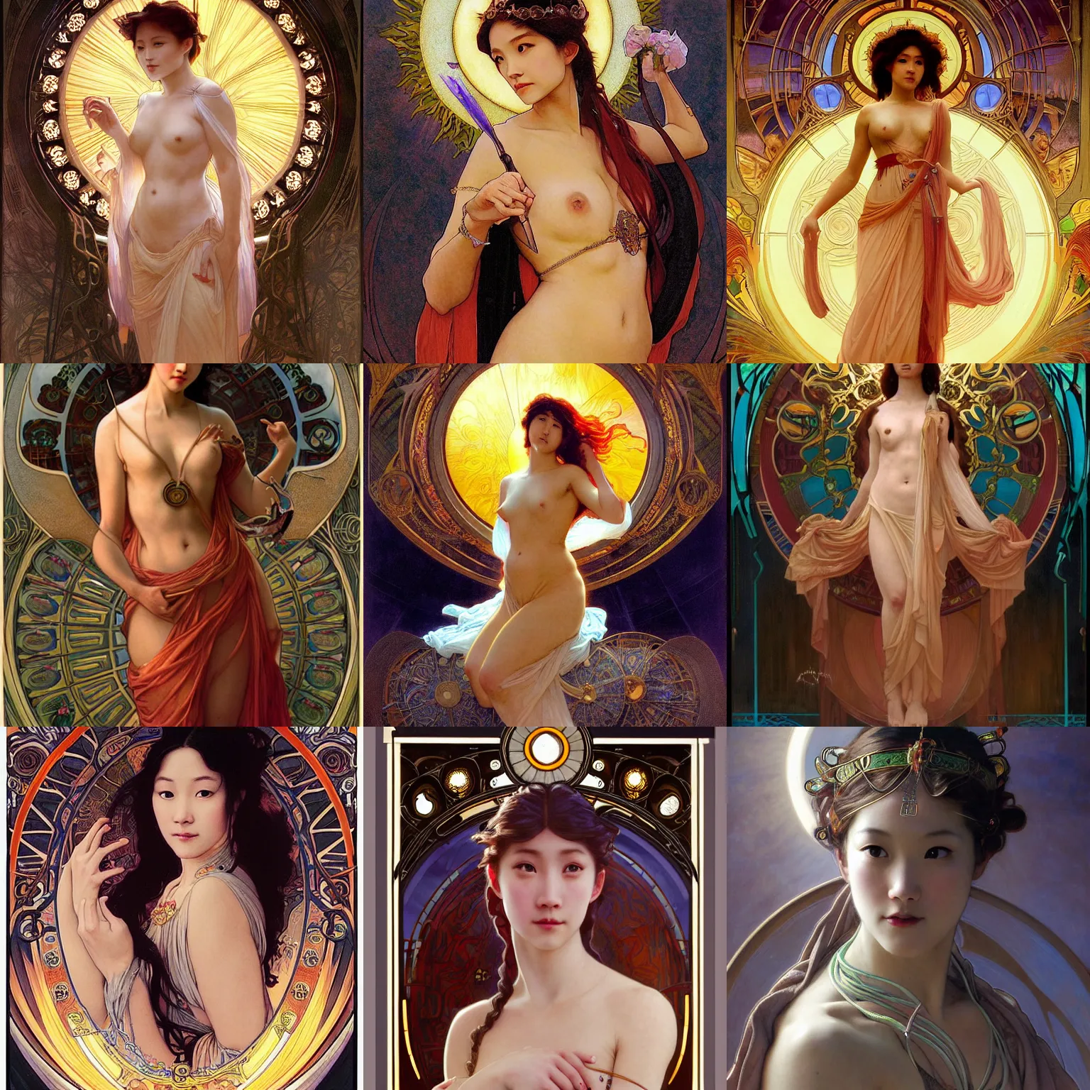 Prompt: stunning, breathtaking, awe-inspiring award-winning concept art nouveau painting of attractive Catherine Chan as the goddess of the sun, with anxious, piercing eyes, by Alphonse Mucha, Michael Whelan, William Adolphe Bouguereau, John Williams Waterhouse, and Donato Giancola, cyberpunk, extremely moody lighting, glowing light and shadow, atmospheric, cinematic, 8K
