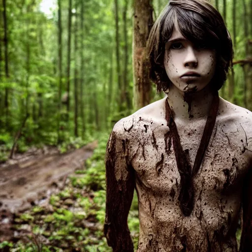 Image similar to a teenage boy, around 1 9 yo. looking sad. natural brown hair. loincloth, pale skin. muddy face. ominous and eerie looking forest i'm background. natural colors.