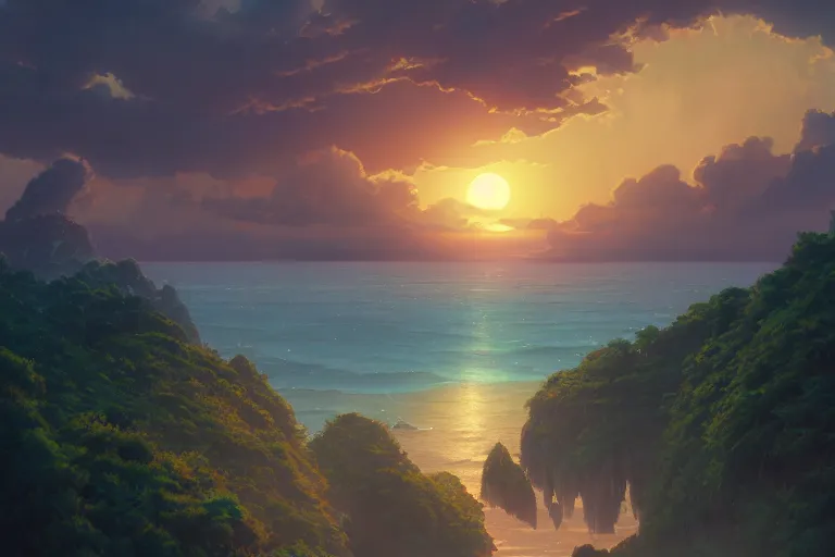 Image similar to a highly detailed matte painting of beautiful sunset by studio ghibli, makoto shinkai, by artgerm, by wlop, by greg rutkowski, volumetric lighting, octane render, 4 k resolution, trending on artstation, masterpiece