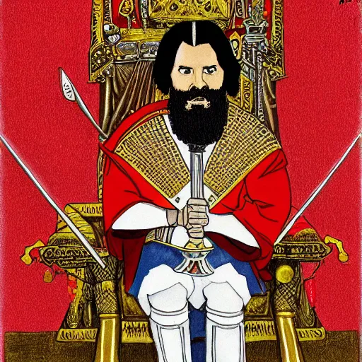 Image similar to modern self portrait of man sitting on throne, legs crossed, while holding a sword, white man, hispanic, brown hair, light skin, golden throne, red robes, 8 k, hi - rez, circles, lamented, clear, brown eyes, colored, sharp, pencil art, illustrated by lee friedlander