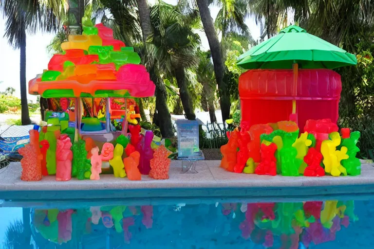 Prompt: poolside Tiki bar made of gummy candy