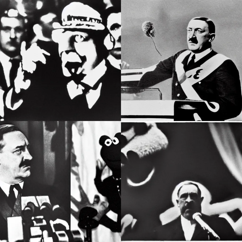 Prompt: a black and white photo of Kermit the frog as Adolf Hitler giving a speech