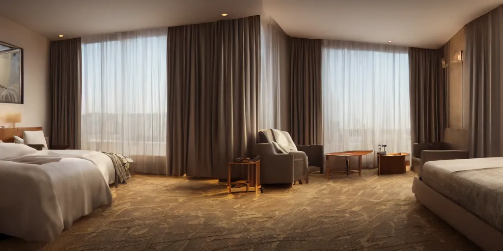 Prompt: inside view of a hotel room, unreal 5, hyperrealistic, realistic, photorealistic, dynamic lighting, highly detailed, cinematic landscape, studio landscape, studio lighting