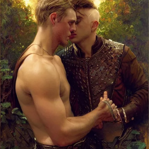 Image similar to attractive male arthur pendragon confesses his love to attractive male merlin. highly detailed painting by gaston bussiere, craig mullins, j. c. leyendecker 8 k