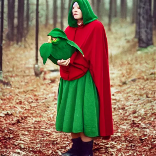 Image similar to woman in red hooded cloak holding a green-horned goblin, kodak vision 3 500t