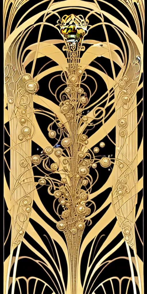 Image similar to the source of future growth dramatic, elaborate emotive Art Nouveau styles to emphasise beauty as a transcendental, seamless pattern, symmetrical, large motifs, 8k image, supersharp, metallic reflective surfaces, glittery iridescent and black colors with gold accents, perfect symmetry, Art nouveau curves and swirls, iridescent, pearlescent, High Definition, sci-fi, Octane render in Maya and Houdini, light, shadows, reflections, photorealistic, masterpiece, smooth gradients, high contrast, 3D, no blur, sharp focus, photorealistic, insanely detailed and intricate, cinematic lighting, Octane render, epic scene, 8K