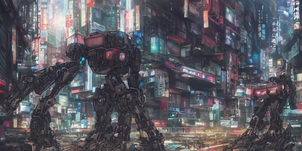 Prompt: a giant robot mecha lies broken in a deserted shinjuku junk town, anime, watercolor, ghost in the shell, soft bloom lighting, paper texture, movie scene, cyberpunk, animatronic, black smoke, pale, beige sky pencil marks, hd, 4k, remaster, dynamic camera angle, deep 3 point perspective, fish eye, dynamic scene