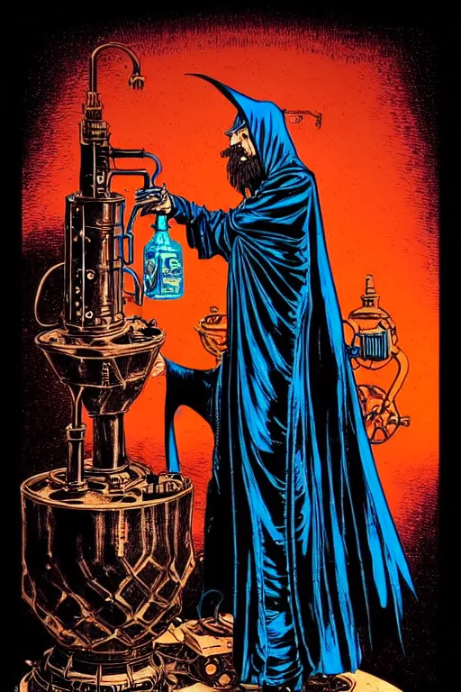 Prompt: cloaked steampunk wizard making a magic potion, high details, intricately detailed, by vincent di fate, inking, 3 color screen print, masterpiece, trending on artstation,, sharp, details, hyper - detailed, hd, 4 k, 8 k