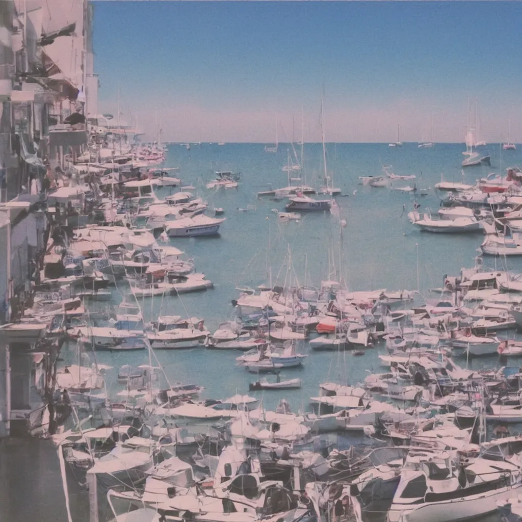 Prompt: a pastel colour high fidelity wide angle polaroid art photo from a holiday album at a seaside with sail boats, nostalgic