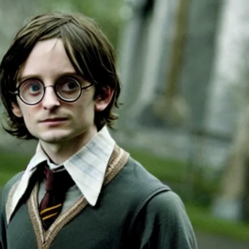 Prompt: Elijah Wood as Harry Potter, long hair, glasses, boy wizard