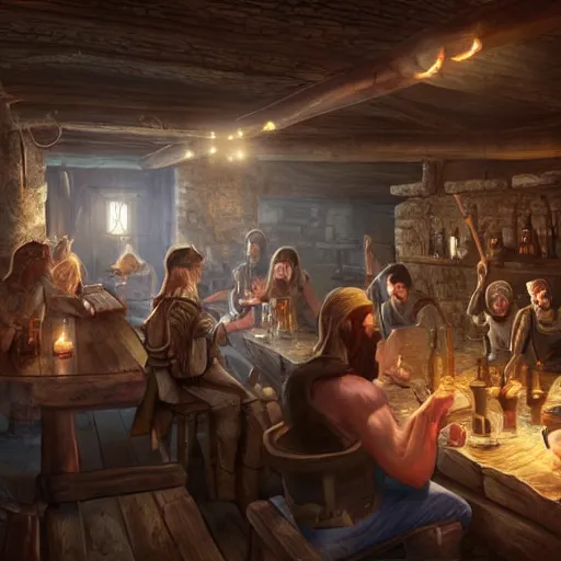 Prompt: A tavern filled with adventurers, medieval fantasy, warm lighting, wide shot, photorealistic