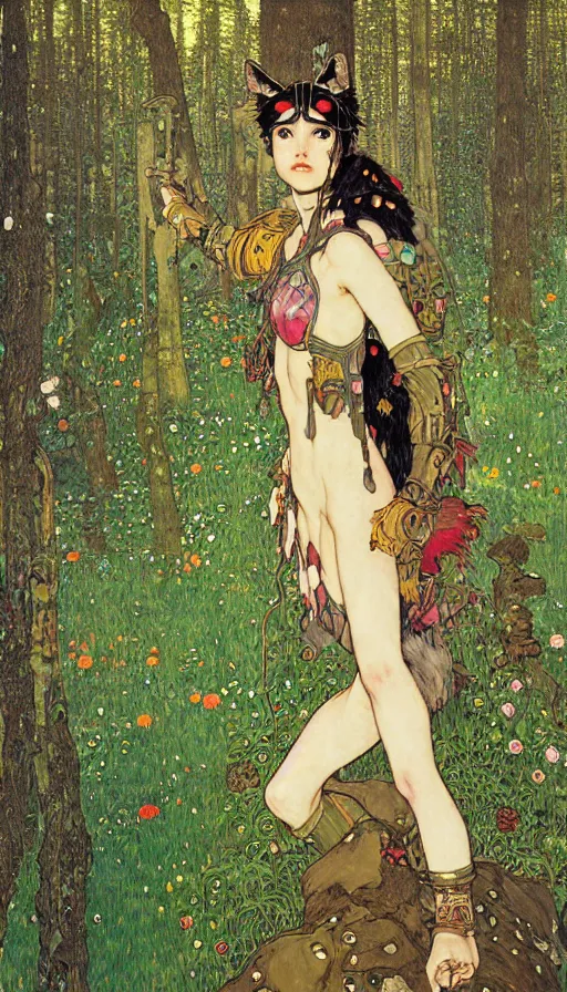 Image similar to Princess Mononoke, fully clothed in armor, lush fairy forest, neon, concept art, schematics, gnarly details painted by gustav klimt, norman rockwell, mucha, james gurney, high detail, denoised, sharp, architectural