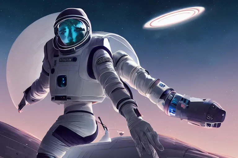 Prompt: futuristic astronaut chasing a distant spaceship Anime, portrait cute-fine-face, pretty face, realistic shaded Perfect face, wide angle, fine details, cinematic. galaxy starscape. realistic shaded lighting by Ilya Kuvshinov Giuseppe Dangelico Pino and Michael Garmash and Rob Rey greg rutkowski, octane render, IAMAG premiere, aaaa achievement collection, elegant freckles, cinematic hologram, fabulous, daily deviation, annual award winner