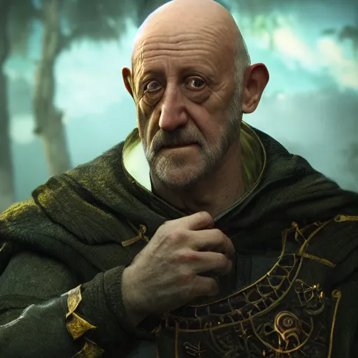 Image similar to mike ehrmantraut in love, dnd, ultra detailed fantasy, elden ring, realistic, dnd character portrait, full body, dnd, rpg, lotr game design fanart by concept art, behance hd, artstation, deviantart, global illumination radiating a glowing aura global illumination ray tracing hdr render in unreal engine 5