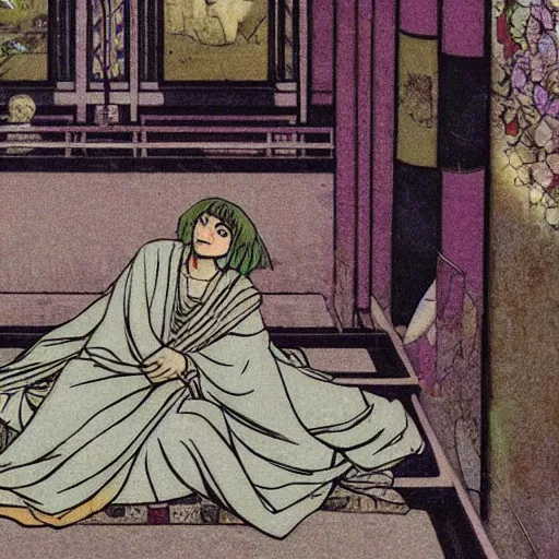 Prompt: Dido of Carthage in her palace, relaxed and candid, anime portrait by Satoshi Kon and Junji Ito