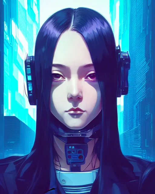 Image similar to a comic potrait of a cyberpunk cyborg girl with big and cute eyes, fine - face, realistic shaded perfect face, fine details. night setting. very anime style. realistic shaded lighting poster by ilya kuvshinov katsuhiro, magali villeneuve, artgerm, jeremy lipkin and michael garmash, rob rey and kentaro miura style, trending on art station