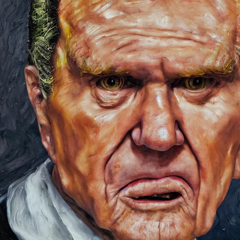 Image similar to close up studio portrait of aging old Richard Milhous Nixon age 115 wrinkled angry, shiny impasto oil painting by Lucian Freud and Tim Hawkinson and Cy Twombly, trending on artstation Studio lighting Expressionism