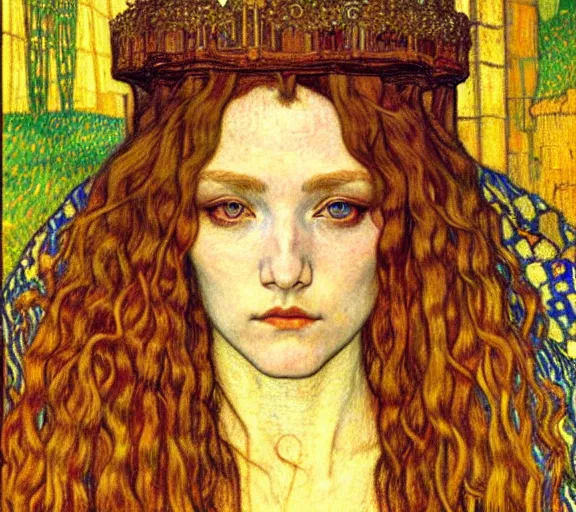 Image similar to detailed realistic beautiful young medieval queen face portrait by jean delville, gustav klimt and vincent van gogh, art nouveau, symbolist, visionary, gothic, pre - raphaelite, muted earthy colors, desaturated