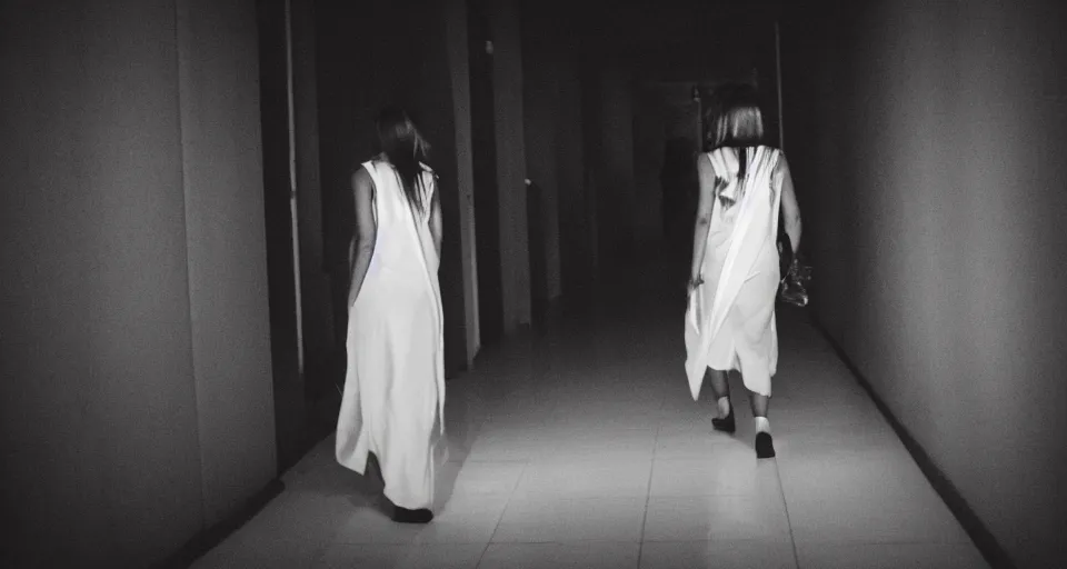 Prompt: A beautiful woman in white is walking hallway at night , view from front.