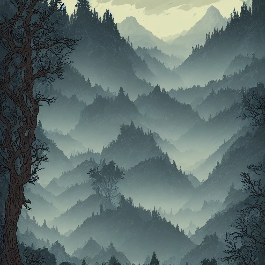 Image similar to a beautiful landscape with trees and mountains, by dan mumford, artstation, behance, highly detailed, concept art, dramatic lighting, minimalist