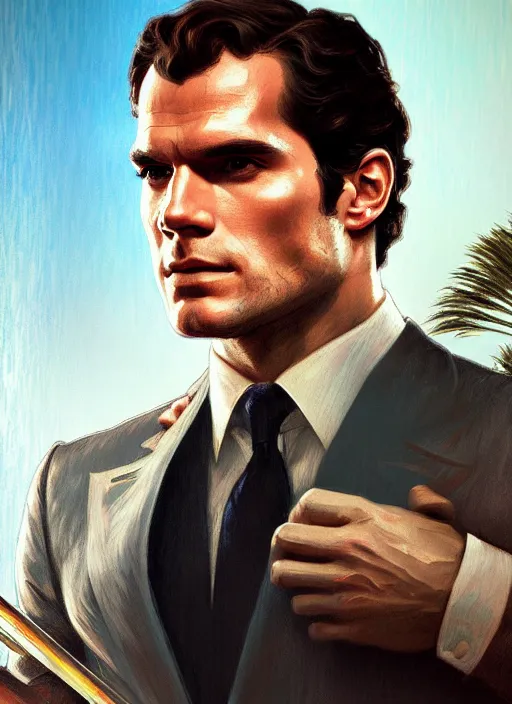 Image similar to portrait of henry cavill as james bond, casino, key art, sprinting, palm trees, highly detailed, digital painting, artstation, concept art, cinematic lighting, sharp focus, illustration, by gaston bussiere alphonse mucha