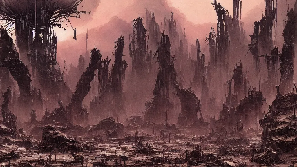 Image similar to group of survivors, no man's land, remnants of the human civilization, post - apocalyspe, machines, bleak, eerie atmospheric, a color illustration by tsutomu nihei, gerald brom and vincent di fate, epic cinematic matte painting