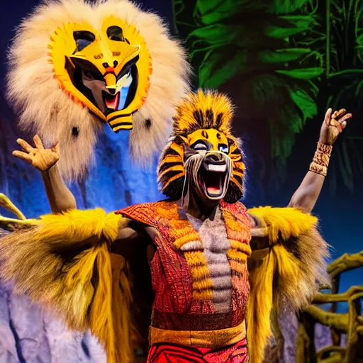 Image similar to mad mascot costumes in the lion king stage show at disneyland, covered outdoor stage, theatrical lighting, iphone video