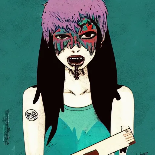 Image similar to Highly detailed portrait of a punk zombie cuban young lady with freckles and short spikey punk hair by Atey Ghailan, by Loish, by Bryan Lee O'Malley, by Cliff Chiang, was inspired by image comics, inspired by scott pilgrim, inspired by graphic novel cover art !!!electric blue, brown, black, yellow and white color scheme ((grafitti tag brick wall background))