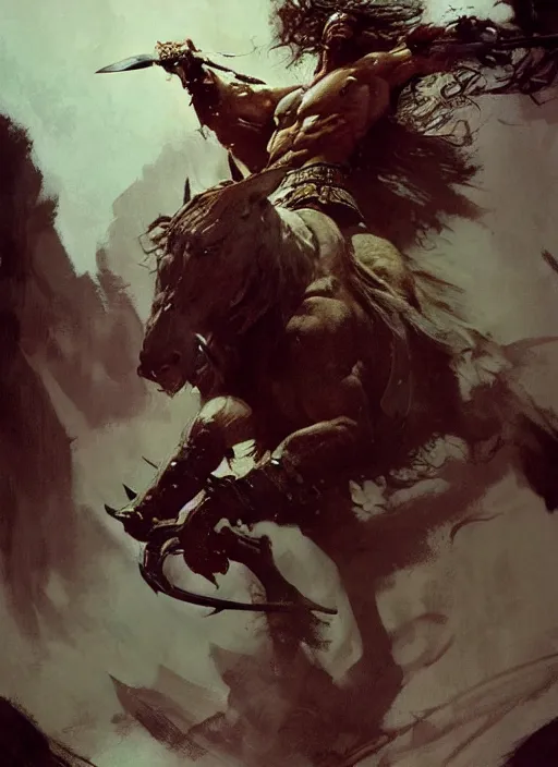 Prompt: conan the barbarian, intricate, elegant, highly detailed, vivid colors, john park, frazetta, sparth, ruan jia, jeffrey catherine jones