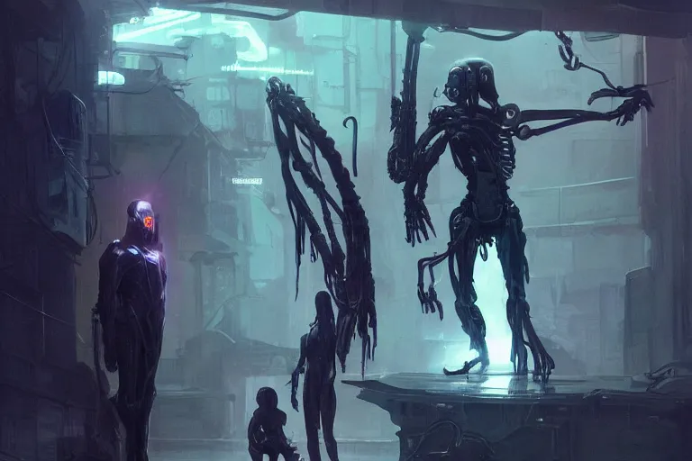 Image similar to cyborg Dementor from Harry Potter in cyberpunk, neon lighting, figure in center, digital art from artstation by Ruan Jia and Mandy Jurgens and Artgerm and william-adolphe bouguereau and Greg Rutkowski and Wayne Barlowe