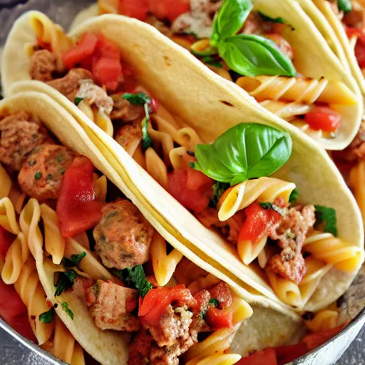 Prompt: a photograph of sausage pasta tacos