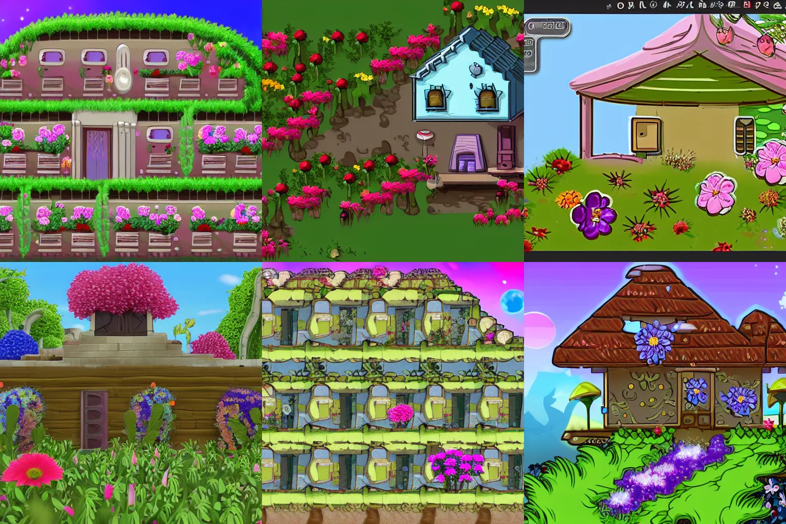 Prompt: a house with flowers in front of it, that is part of a small colony on a strange planet, from a space themed Serria point and click 2D graphic adventure game, high quality graphics