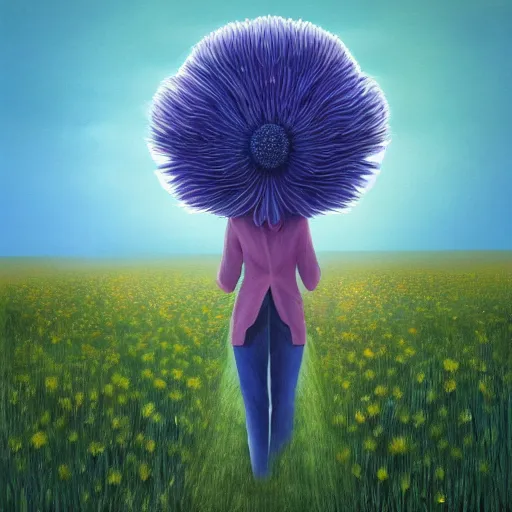 Prompt: huge flower as head, woman walking in a field, surreal, flat light, painting, digital painting, artstation, georgia o'keeffe