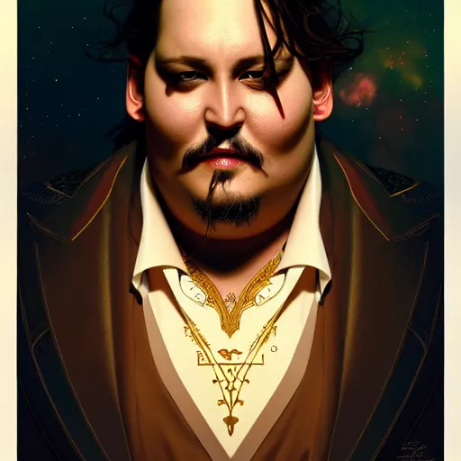 Image similar to fat overweight johnny depp, sci fi, glowing eyes, volumetric lights, gold theme, art nouveau botanicals, intricate, highly detailed, digital painting, artstation, concept art, smooth, sharp focus, cinematic, illustration, beautiful face, art by artgerm and greg rutkowski and alphonse mucha