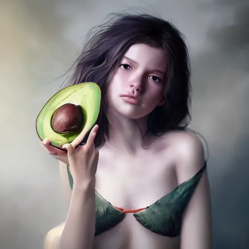 Image similar to lauren walsh lovingly cradling an avacado, fullbody, ultra high detailed, oil painting, greg rutkowski, charlie bowater, yuumei, yanjun cheng, lauren walsh, unreal 5, daz, hyperrealistic, octane render, rpg portrait, dynamic lighting, fantasy art, beautiful face