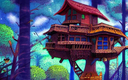 Image similar to an intricate treehouse in the style of studio Ghibli, 4k