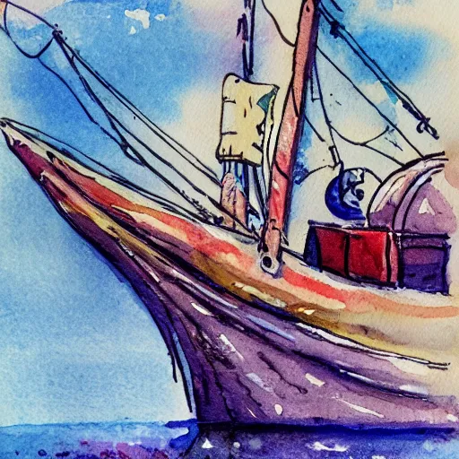 Prompt: a viking snail, on a ship at sea. watercolor painting