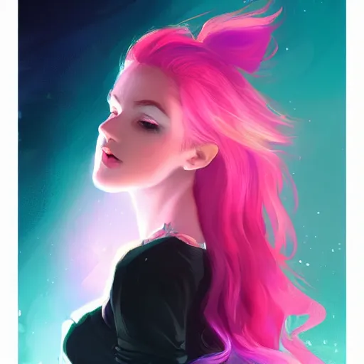 Image similar to colorful and festive captivating teenager girl with pink hair, cyan top crop, black skirt, black leggings, cute look. rich vivid colors, ambient lighting, dynamic lighting, 4 k, atmospheric lighting, painted, intricate, highly detailed by charlie bowater