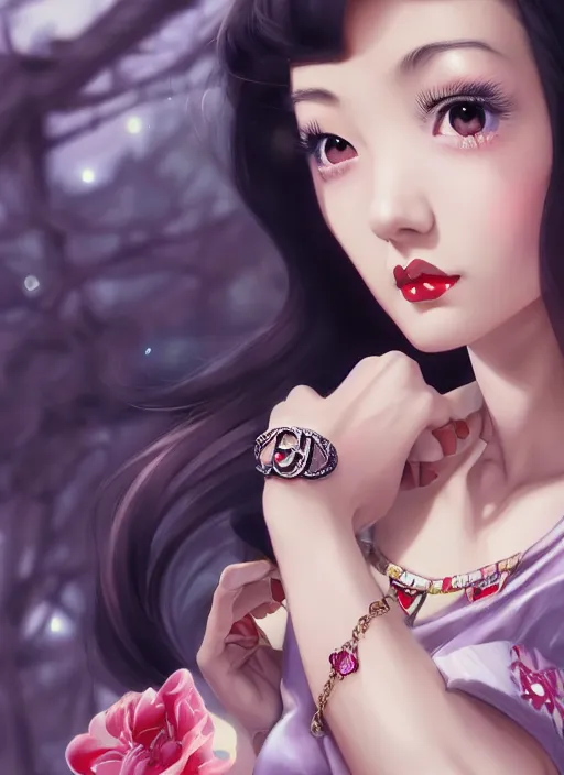 Image similar to a pin up and beautiful fashion dreamlke japan girl with lv jewelry, character art, art by artgerm, wlop, loish, hyperdetailed, 8 k realistic, symmetrical, global illumination, radiant light, frostbite 3 engine, cryengine, dof, trending on artstation, digital art, chanel, dior, detailed background