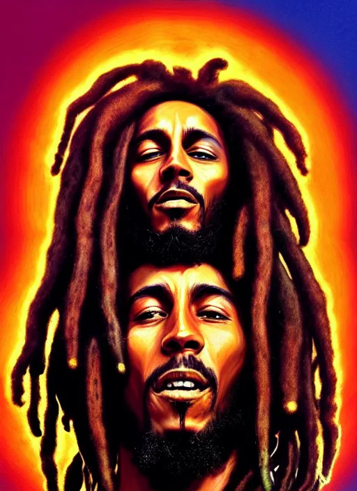 Prompt: portrait of bob marley with flowing dreadlocks, surrounded by spirit of jah rastafari. afrogoth intricate digital matte painting concept art, warpaint aesthetic, colorful, psychedelic, beautifully backlit, subtle tones, sharp focus, cinematic aesthetic octane render, volumetric lighting, by edmund leighton, james jean, ross tran and artgerm