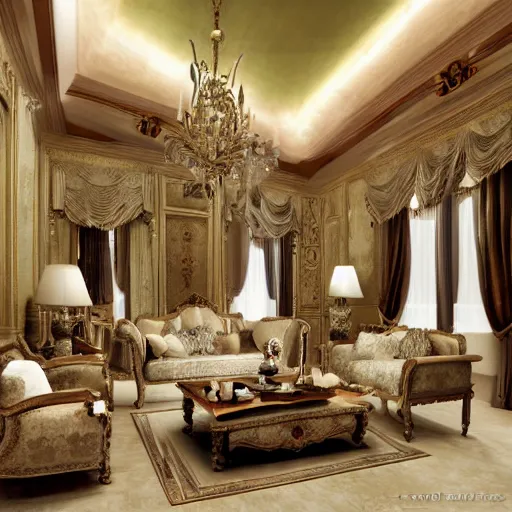 Image similar to photorealistic imperial living room imperial furniture big ceiling