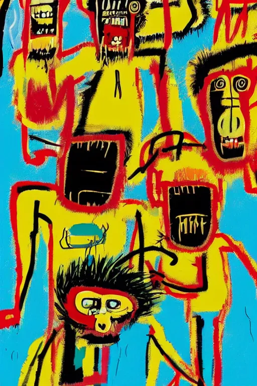 Image similar to an illustration of monkeys killing children in the style of basquiat by margaret wise brown