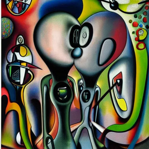 Image similar to Oil painting by Roberto Matta. Strange mechanical beings kissing. Portrait by Takashi Murakami. Yves Tanguy.