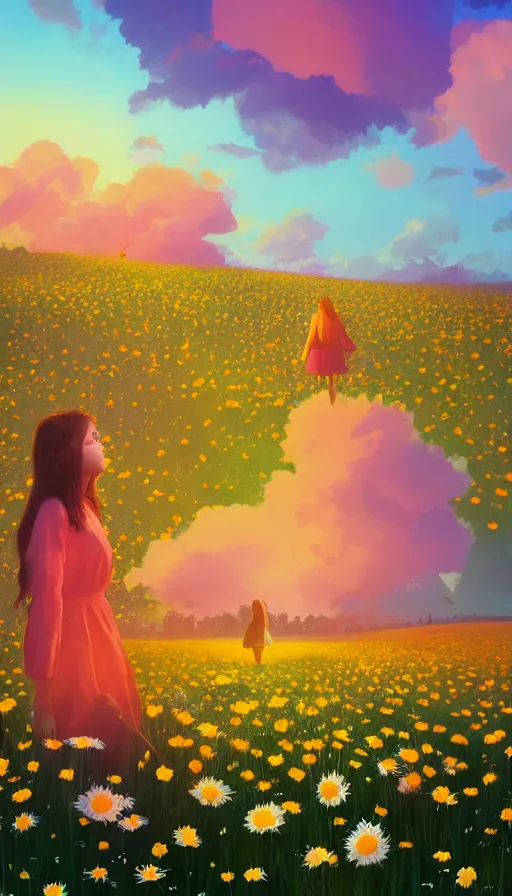 Image similar to girl face made of giant daisies, standing in a flower field, holding flowers, surreal photography, sunset dramatic light, impressionist painting, colorful clouds, large sky, digital painting, artstation, simon stalenhag