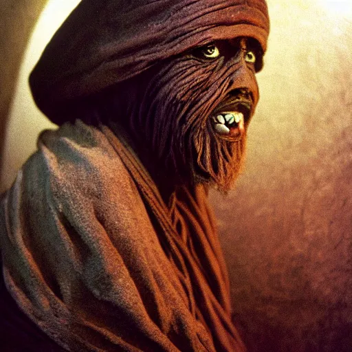 Prompt: beautiful dark painting of a tusken raider in a cave, dark horror, dramatic lighting by george lucas, cinestill, 3 5 mm