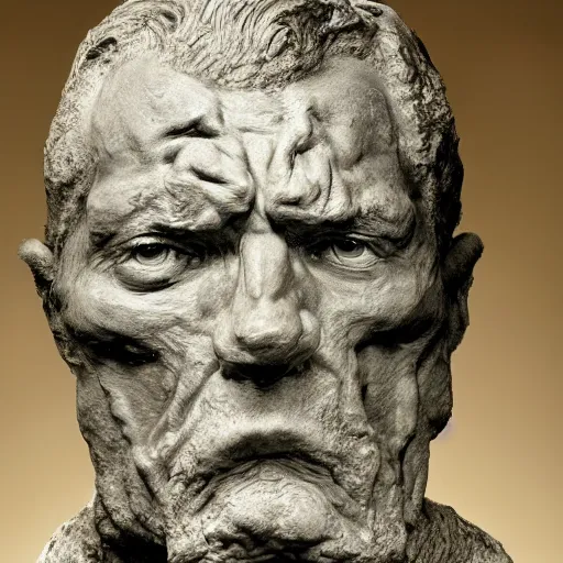 Prompt: a physical sculpture of a struggling human face, one with a horse's face and the other with a human face, by augustus rodin