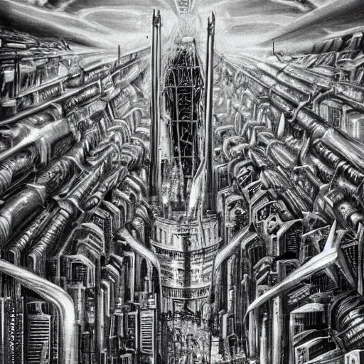 Image similar to The city of Paris, France during WW3 (2103), very detailed, cinematic, epic, grandiose, art by HG Giger