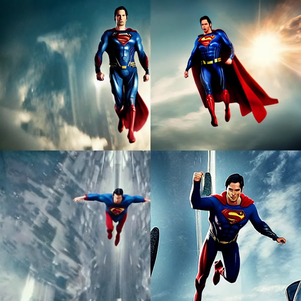 Prompt: Keanu reeves is superman flying through the sky in the new justice league movie, directed by Zack Snyder, shot from the sky