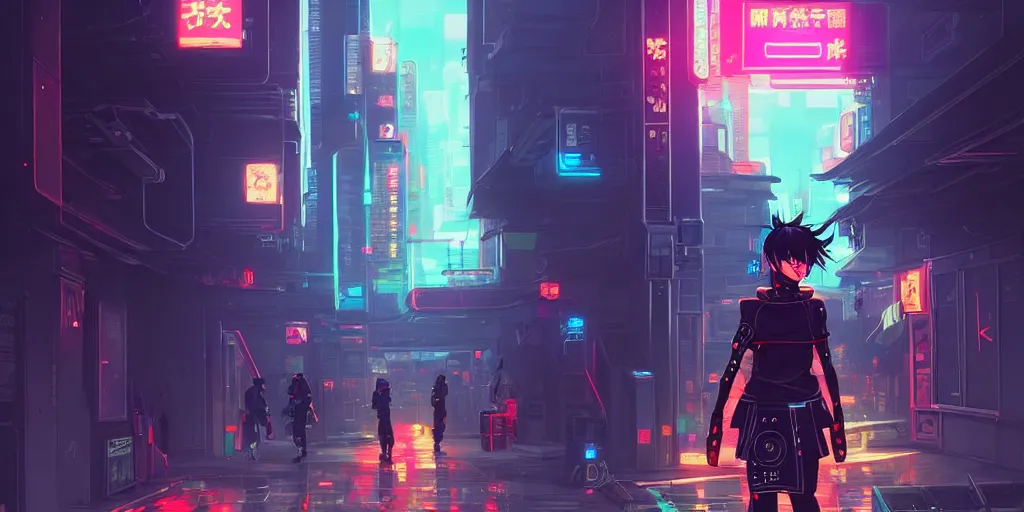 Image similar to digital illustration closeup of cyberpunk samurai in city street at night by makoto shinkai, ilya kuvshinov, lois van baarle, rossdraws, basquiat | afrofuturism, in the style of hearthstone, trending on artstation | cool color scheme