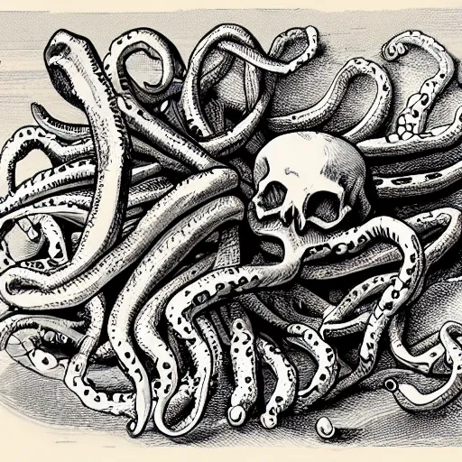 Image similar to a skeleton filled with writhing octopuses, fantasy illustration